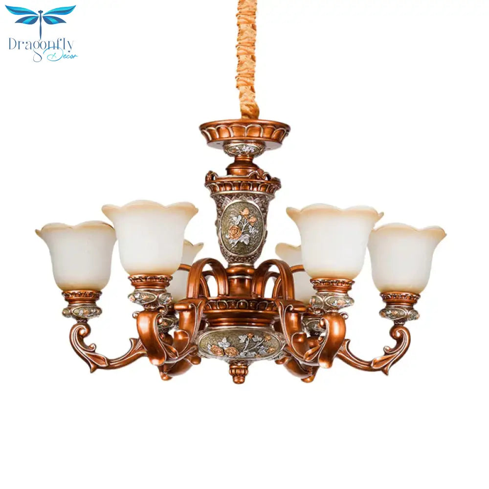 6/8 - Head Cream Glass Chandelier Lighting Vintage Brown Floral Shaped Dining Room Ceiling Pendant