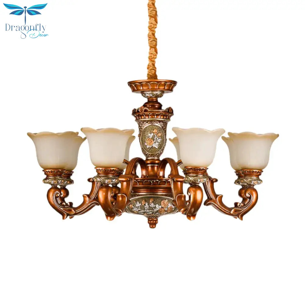 6/8 - Head Cream Glass Chandelier Lighting Vintage Brown Floral Shaped Dining Room Ceiling Pendant