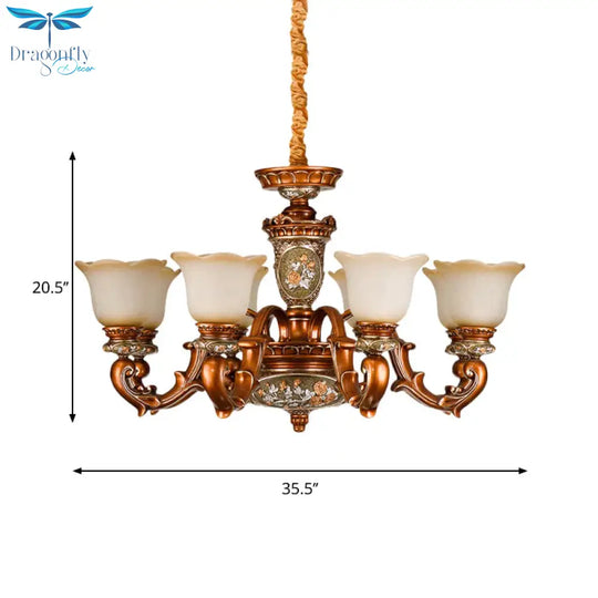 6/8 - Head Cream Glass Chandelier Lighting Vintage Brown Floral Shaped Dining Room Ceiling Pendant