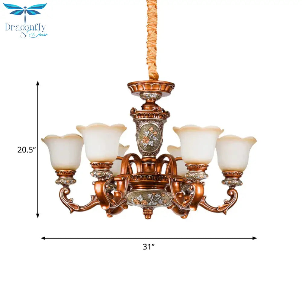 6/8 - Head Cream Glass Chandelier Lighting Vintage Brown Floral Shaped Dining Room Ceiling Pendant