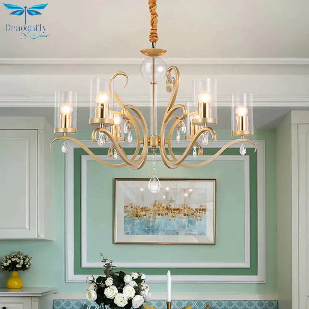 6/8 - Head Tube Shade Chandelier Lamp Antiqued Gold Clear Glass Hanging Ceiling Light With K9