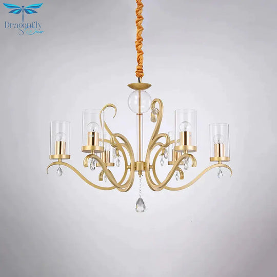 6/8 - Head Tube Shade Chandelier Lamp Antiqued Gold Clear Glass Hanging Ceiling Light With K9