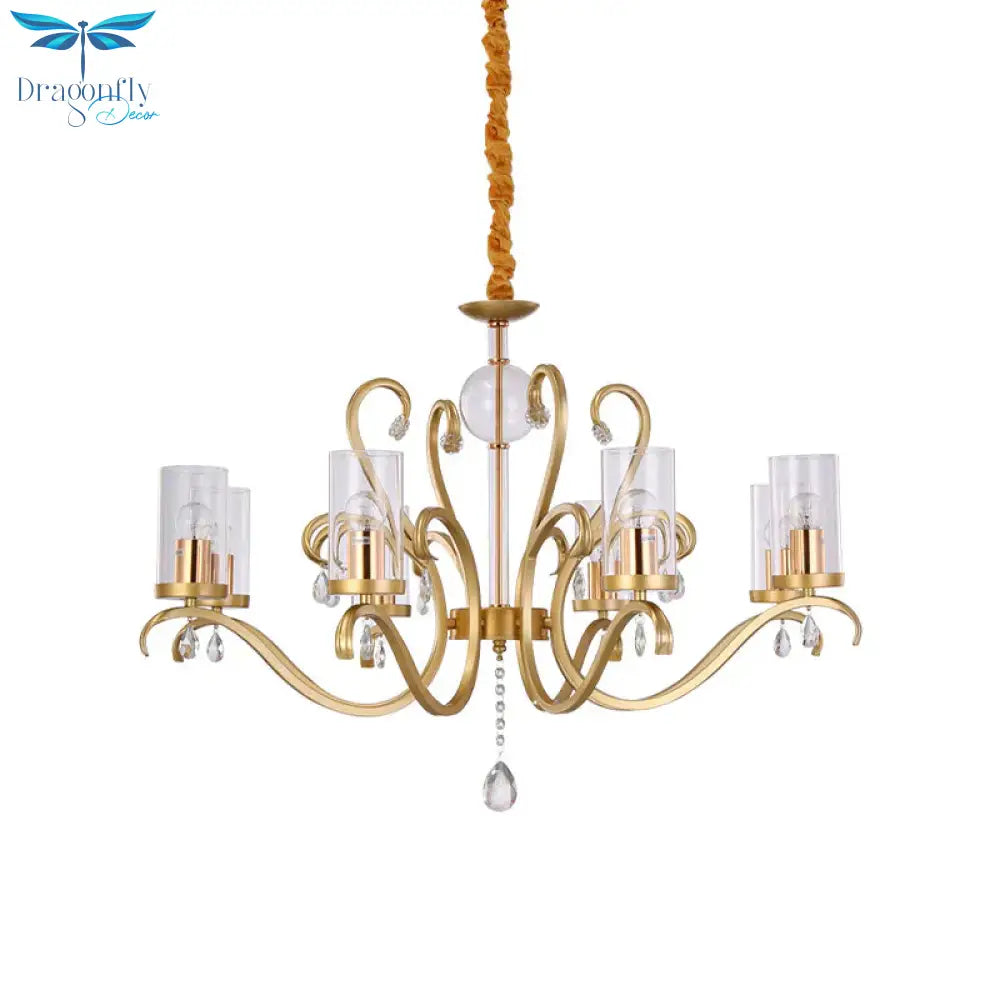 6/8 - Head Tube Shade Chandelier Lamp Antiqued Gold Clear Glass Hanging Ceiling Light With K9