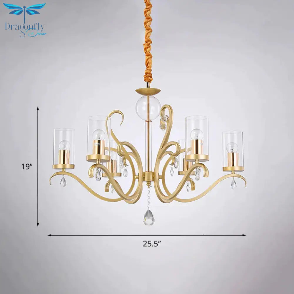 6/8 - Head Tube Shade Chandelier Lamp Antiqued Gold Clear Glass Hanging Ceiling Light With K9