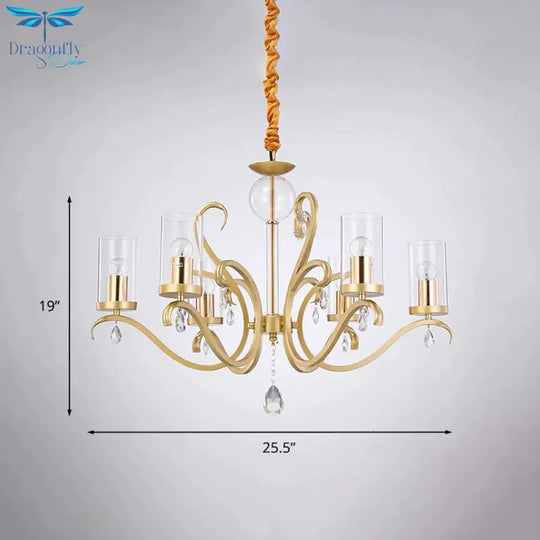 6/8 - Head Tube Shade Chandelier Lamp Antiqued Gold Clear Glass Hanging Ceiling Light With K9