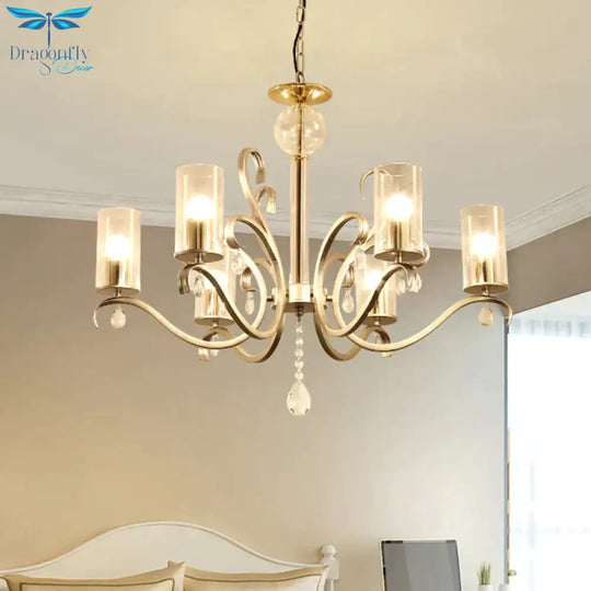 6/8 - Head Tube Shade Chandelier Lamp Antiqued Gold Clear Glass Hanging Ceiling Light With K9