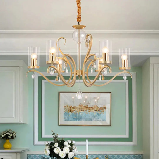 6/8 - Head Tube Shade Chandelier Lamp Antiqued Gold Clear Glass Hanging Ceiling Light With K9
