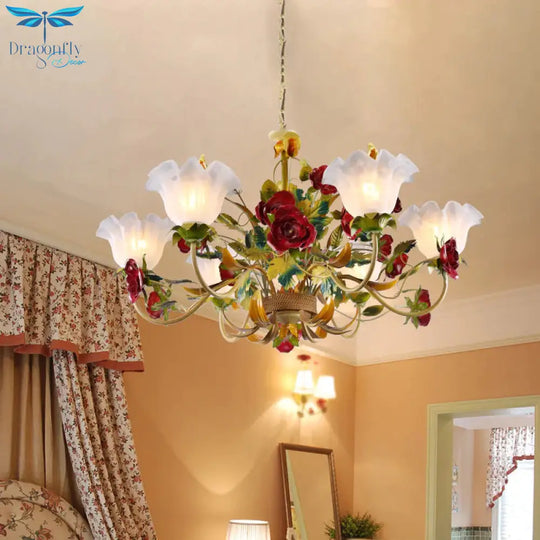 6/8 Heads Ceiling Hang Fixture Countryside Bloom Ivory Glass Pendant Chandelier In Light Tan