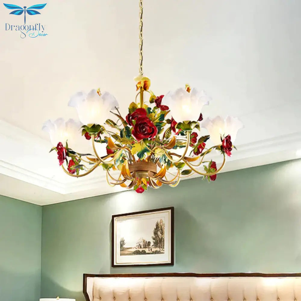 6/8 Heads Ceiling Hang Fixture Countryside Bloom Ivory Glass Pendant Chandelier In Light Tan