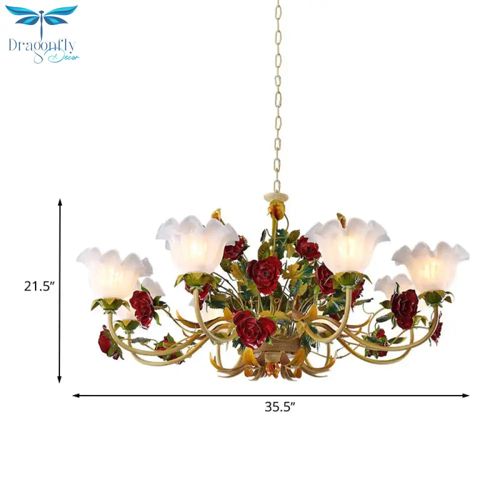 6/8 Heads Ceiling Hang Fixture Countryside Bloom Ivory Glass Pendant Chandelier In Light Tan