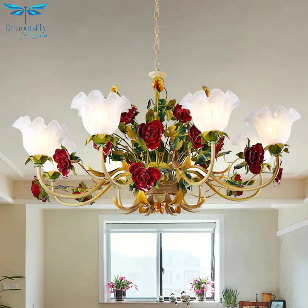 6/8 Heads Ceiling Hang Fixture Countryside Bloom Ivory Glass Pendant Chandelier In Light Tan