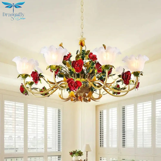 6/8 Heads Ceiling Hang Fixture Countryside Bloom Ivory Glass Pendant Chandelier In Light Tan