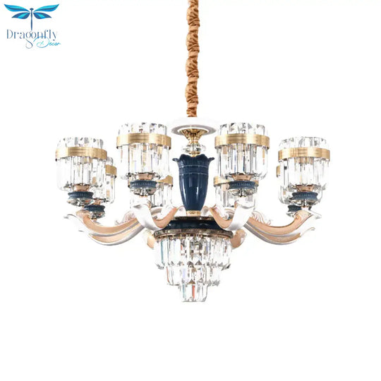6/8 Heads Chandelier Lighting Traditional Cylindrical Clear Crystal Block Ceiling Hang Fixture