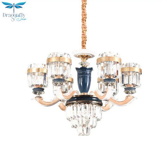 6/8 Heads Chandelier Lighting Traditional Cylindrical Clear Crystal Block Ceiling Hang Fixture