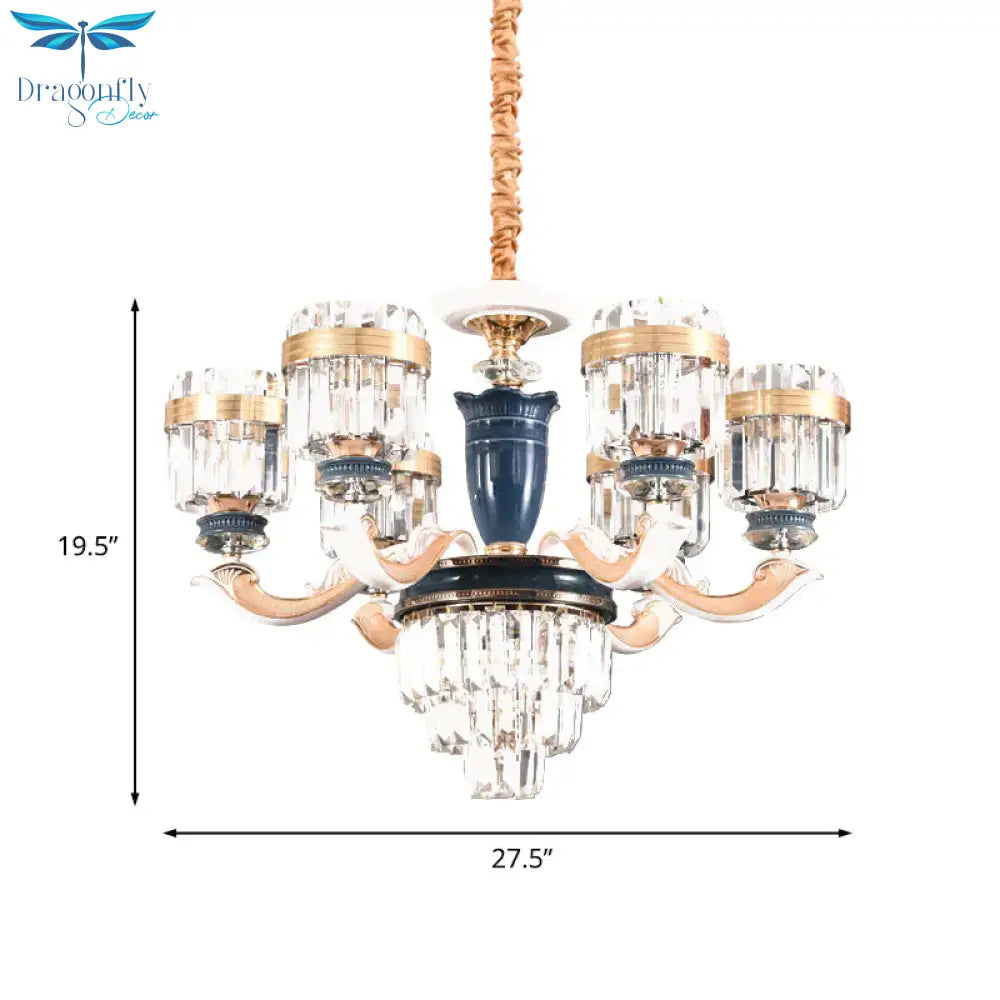 6/8 Heads Chandelier Lighting Traditional Cylindrical Clear Crystal Block Ceiling Hang Fixture