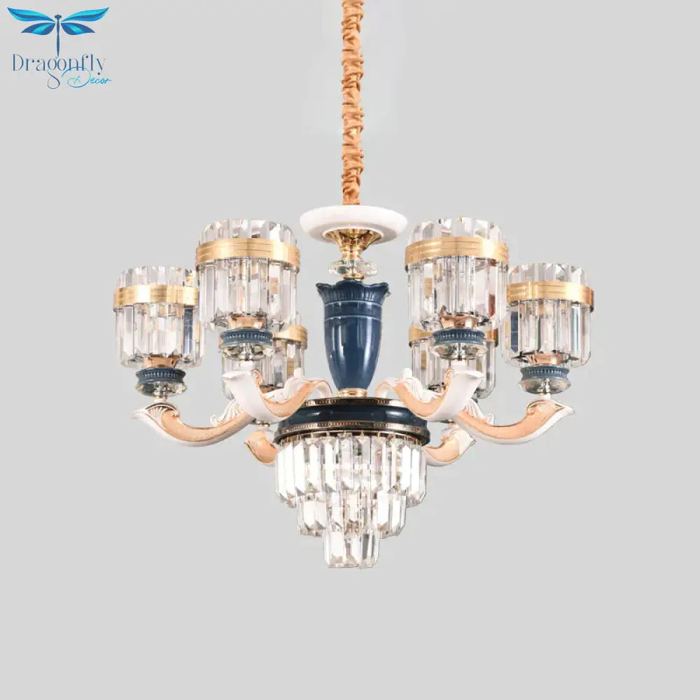 6/8 Heads Chandelier Lighting Traditional Cylindrical Clear Crystal Block Ceiling Hang Fixture
