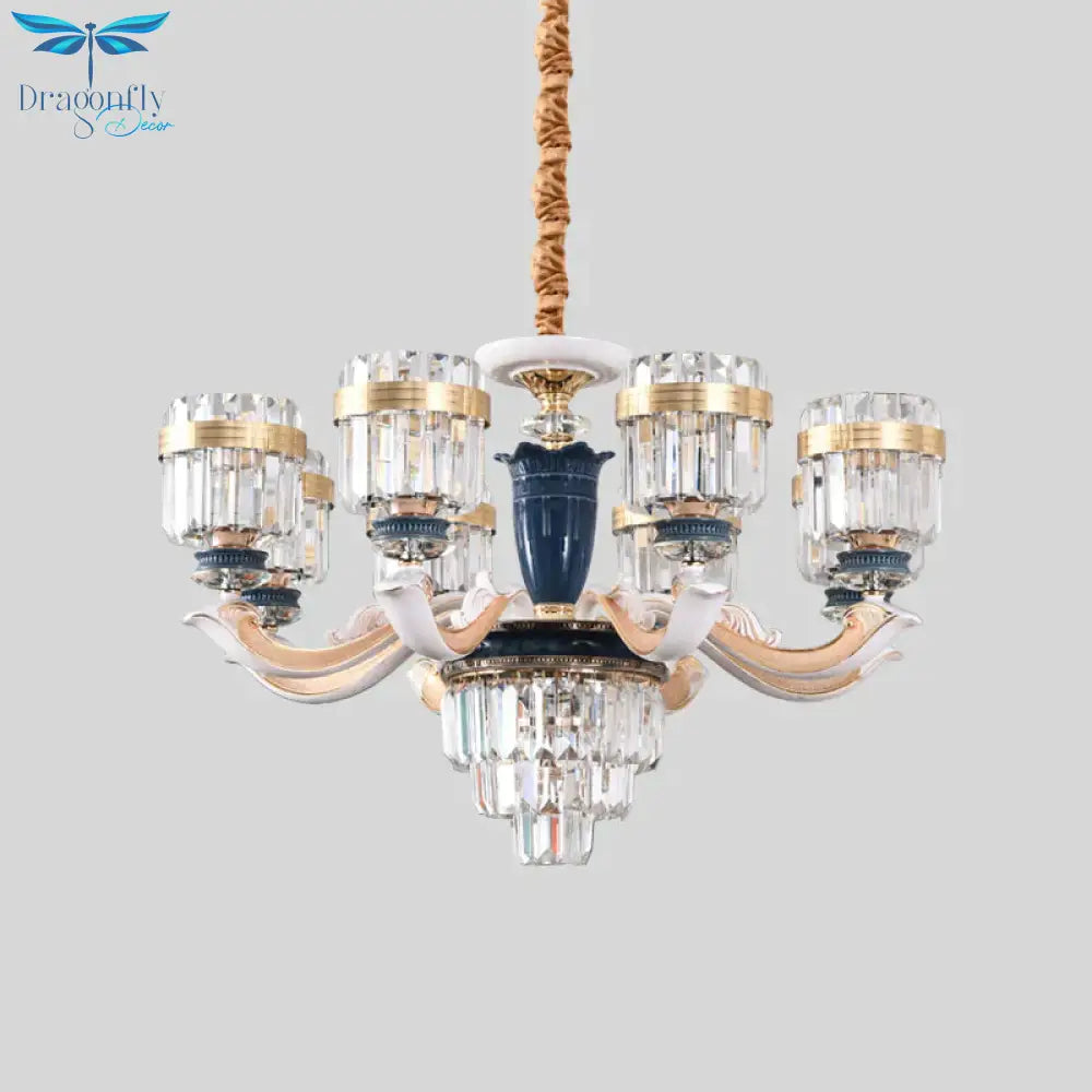 6/8 Heads Chandelier Lighting Traditional Cylindrical Clear Crystal Block Ceiling Hang Fixture
