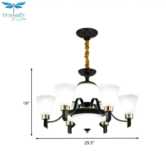 6/8 Heads Conical Chandelier Light Traditional Black Opal Glass Hanging Pendant With Curved Arm
