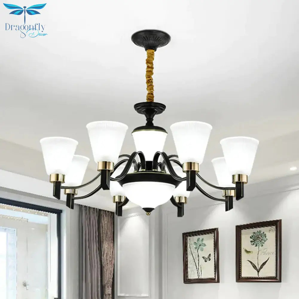 6/8 Heads Conical Chandelier Light Traditional Black Opal Glass Hanging Pendant With Curved Arm