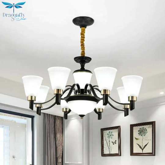 6/8 Heads Conical Chandelier Light Traditional Black Opal Glass Hanging Pendant With Curved Arm