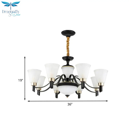 6/8 Heads Conical Chandelier Light Traditional Black Opal Glass Hanging Pendant With Curved Arm