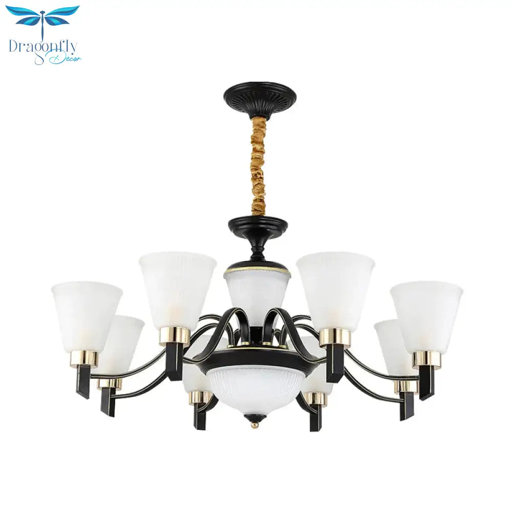 6/8 Heads Conical Chandelier Light Traditional Black Opal Glass Hanging Pendant With Curved Arm