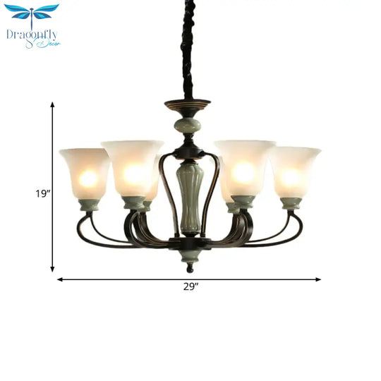 6/8 Heads Frosted Glass Chandelier Traditional Black Finish Bell Living Room Pendant Light Kit With