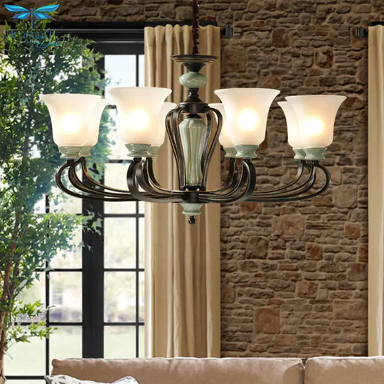 6/8 Heads Frosted Glass Chandelier Traditional Black Finish Bell Living Room Pendant Light Kit With