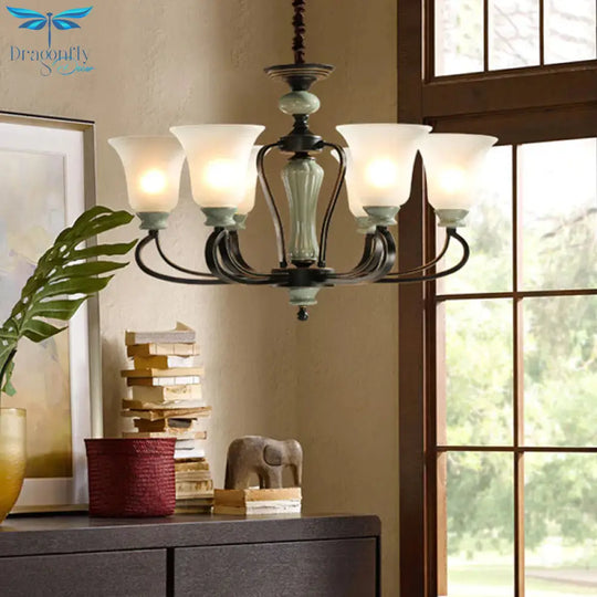 6/8 Heads Frosted Glass Chandelier Traditional Black Finish Bell Living Room Pendant Light Kit With