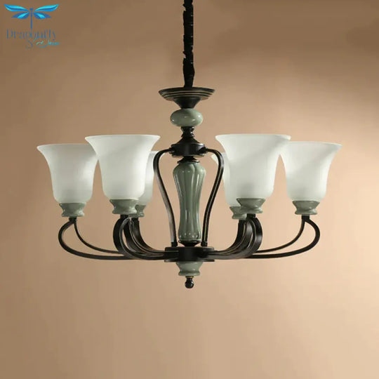 6/8 Heads Frosted Glass Chandelier Traditional Black Finish Bell Living Room Pendant Light Kit With