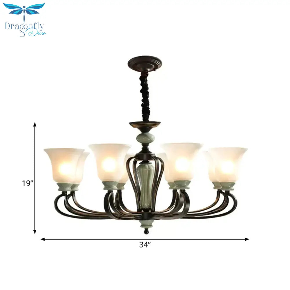 6/8 Heads Frosted Glass Chandelier Traditional Black Finish Bell Living Room Pendant Light Kit With