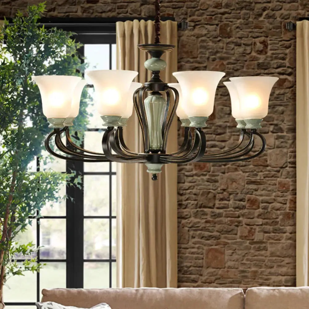6/8 Heads Frosted Glass Chandelier Traditional Black Finish Bell Living Room Pendant Light Kit With