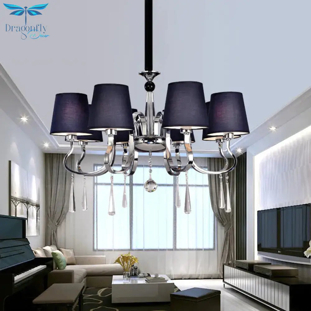 6/8 Heads Metal Suspension Lamp Country Conic Fabric Chandelier Pendant Light In Black With Crystal