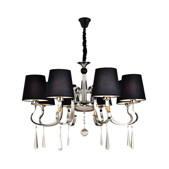 6/8 Heads Metal Suspension Lamp Country Conic Fabric Chandelier Pendant Light In Black With Crystal