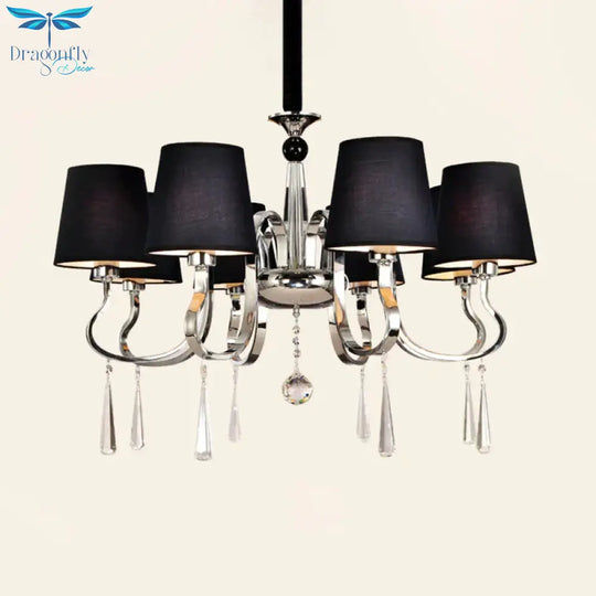 6/8 Heads Metal Suspension Lamp Country Conic Fabric Chandelier Pendant Light In Black With Crystal