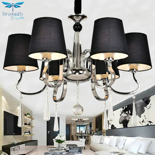 6/8 Heads Metal Suspension Lamp Country Conic Fabric Chandelier Pendant Light In Black With Crystal