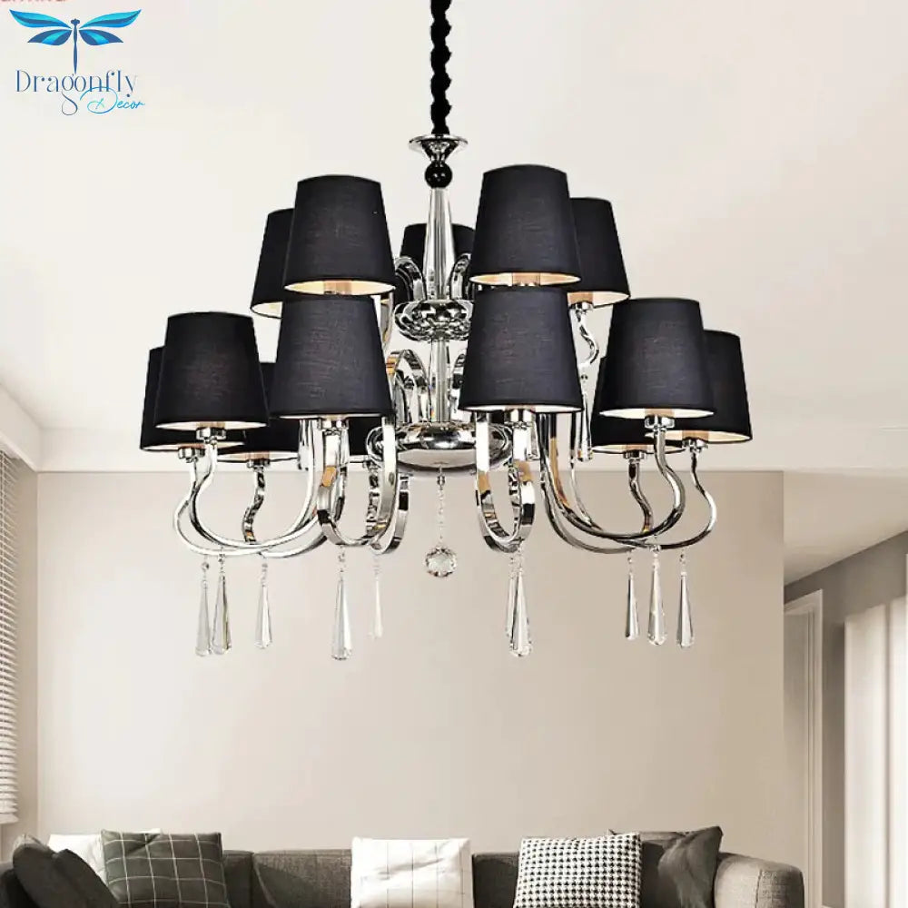 6/8 Heads Metal Suspension Lamp Country Conic Fabric Chandelier Pendant Light In Black With Crystal