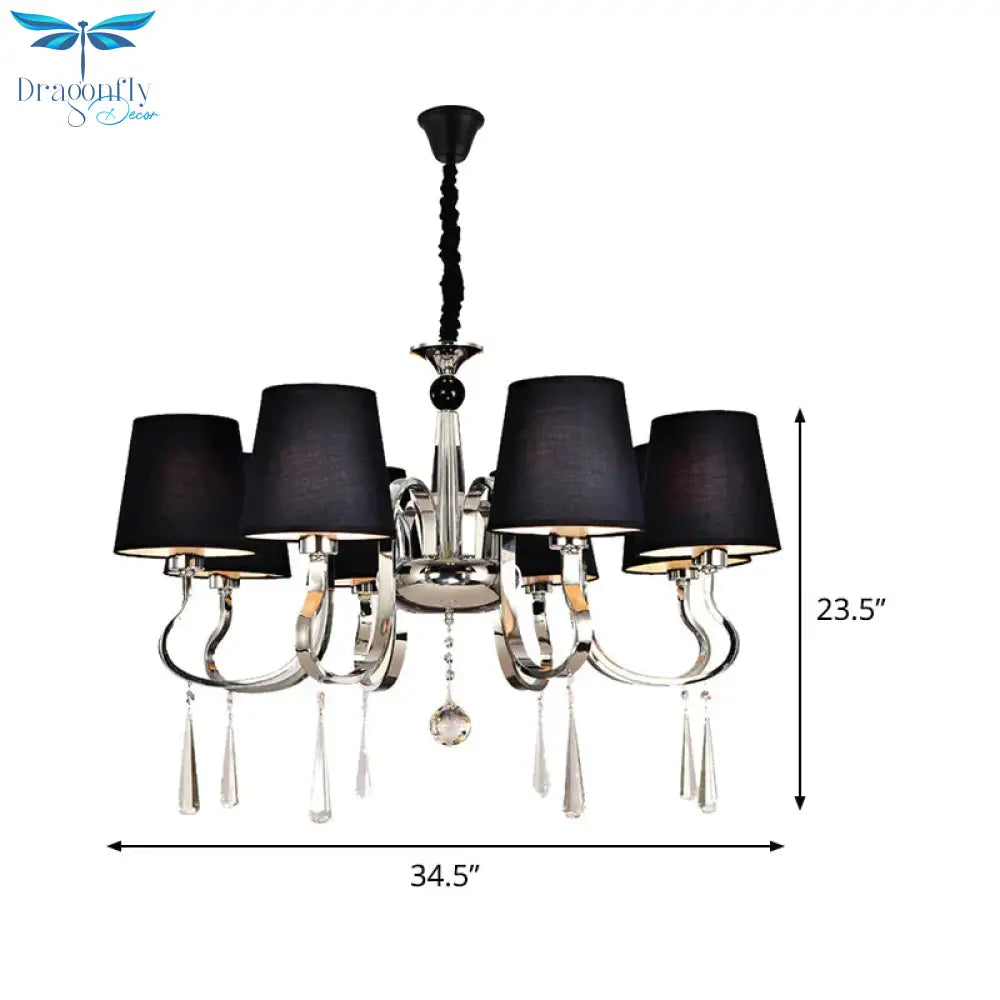 6/8 Heads Metal Suspension Lamp Country Conic Fabric Chandelier Pendant Light In Black With Crystal