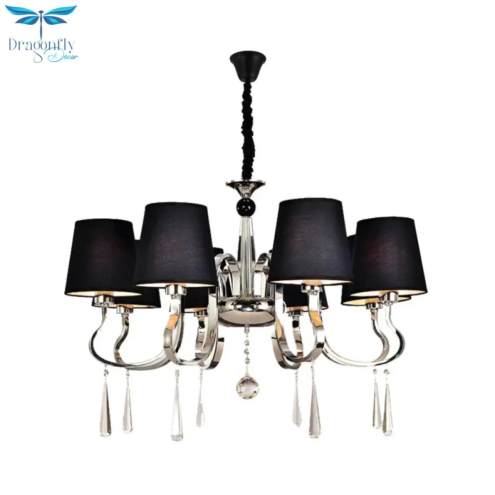 6/8 Heads Metal Suspension Lamp Country Conic Fabric Chandelier Pendant Light In Black With Crystal