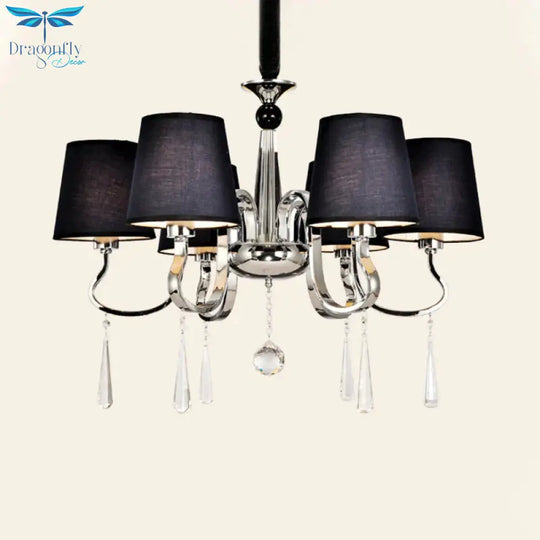 6/8 Heads Metal Suspension Lamp Country Conic Fabric Chandelier Pendant Light In Black With Crystal