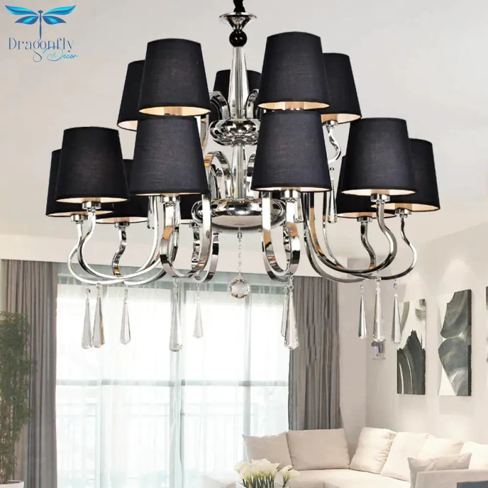 6/8 Heads Metal Suspension Lamp Country Conic Fabric Chandelier Pendant Light In Black With Crystal