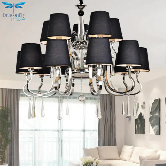 6/8 Heads Metal Suspension Lamp Country Conic Fabric Chandelier Pendant Light In Black With Crystal