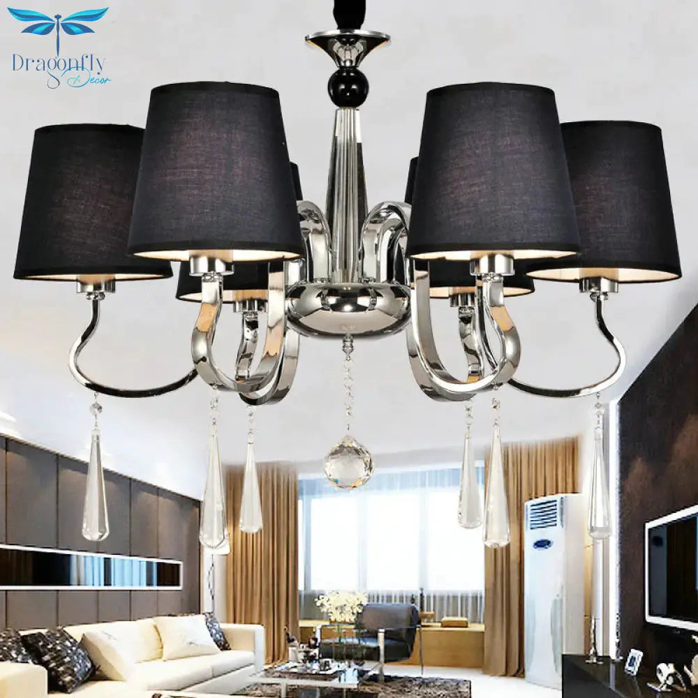6/8 Heads Metal Suspension Lamp Country Conic Fabric Chandelier Pendant Light In Black With Crystal