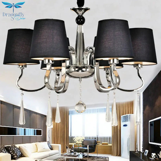6/8 Heads Metal Suspension Lamp Country Conic Fabric Chandelier Pendant Light In Black With Crystal