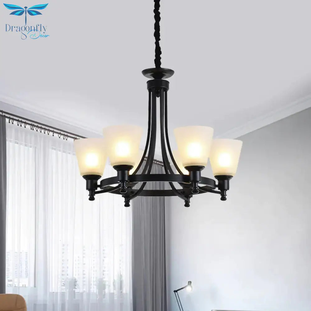 6/8 Heads Pendant Chandelier Rustic Living Room Lamp With Opal Glass Tapered Shade In Black