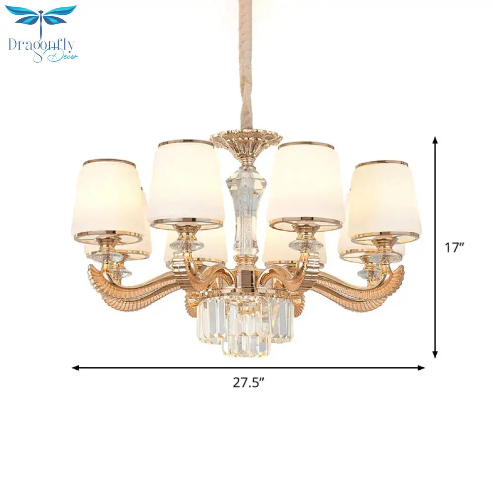 6/8 - Light Ceiling Chandelier Traditional Parlor Hanging Lamp With Tapered Milk Glass Shade In Gold