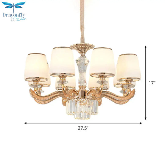 6/8 - Light Ceiling Chandelier Traditional Parlor Hanging Lamp With Tapered Milk Glass Shade In Gold