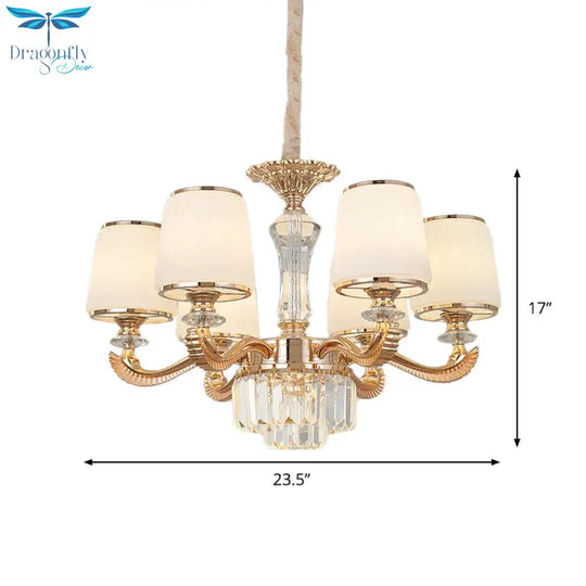 6/8 - Light Ceiling Chandelier Traditional Parlor Hanging Lamp With Tapered Milk Glass Shade In Gold