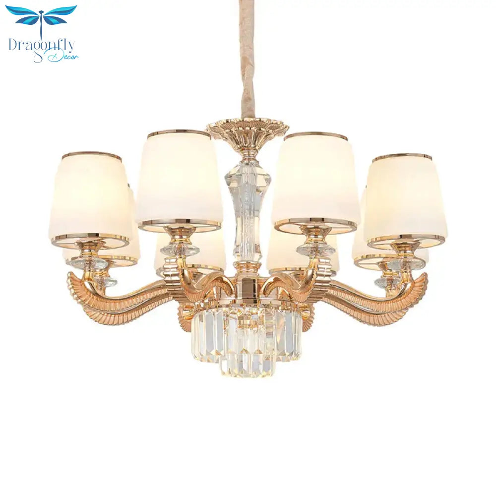 6/8 - Light Ceiling Chandelier Traditional Parlor Hanging Lamp With Tapered Milk Glass Shade In Gold