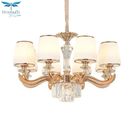6/8 - Light Ceiling Chandelier Traditional Parlor Hanging Lamp With Tapered Milk Glass Shade In Gold